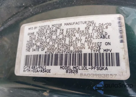 2000 Toyota Sienna Le из США, поврежденный, VIN 4T3ZF13C3YU281686